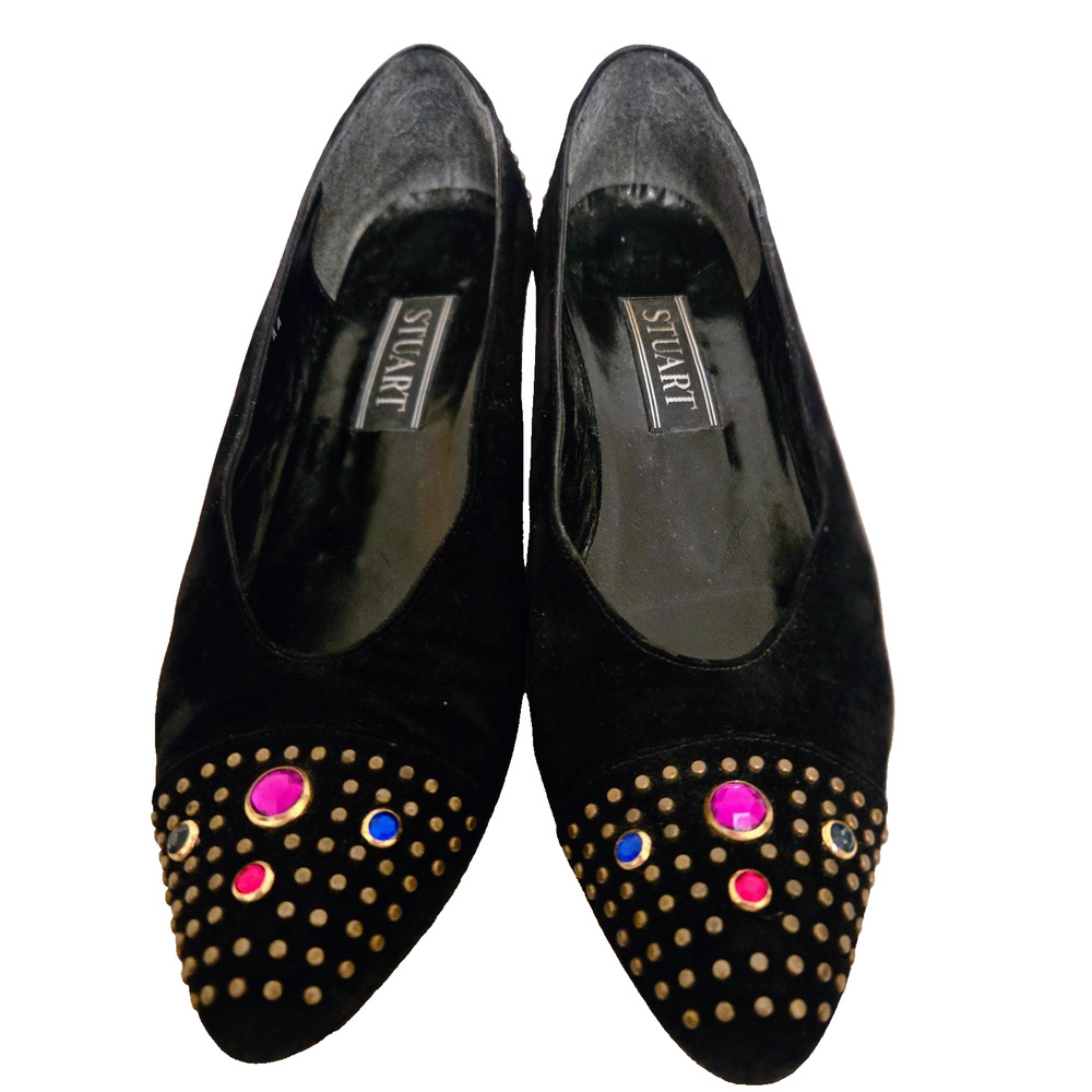 Vintage Stuart Weitzman Pumps 8.5 Black Suede with Crystal studs 80s